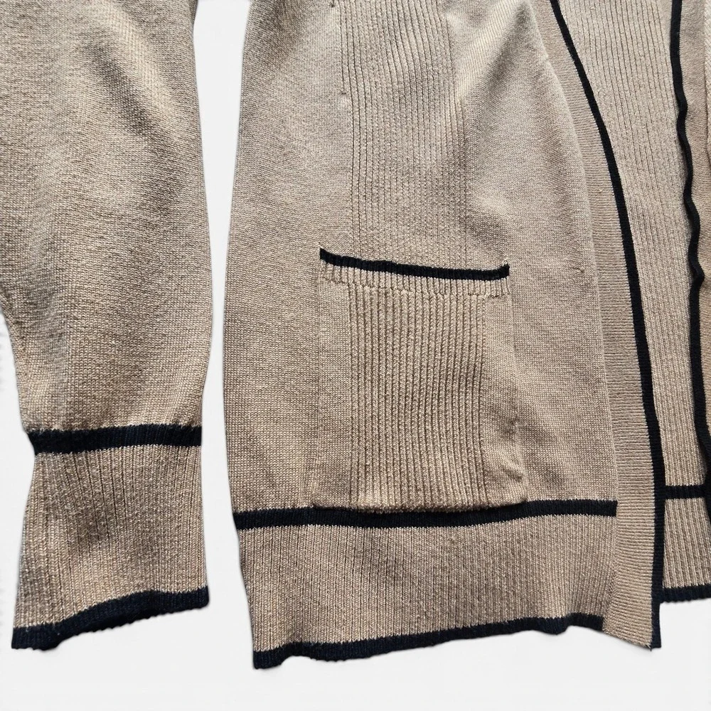 Verve Ami Tan Open Front Cardigan Black Trim Women M Ribbed Fine Knit Pockets